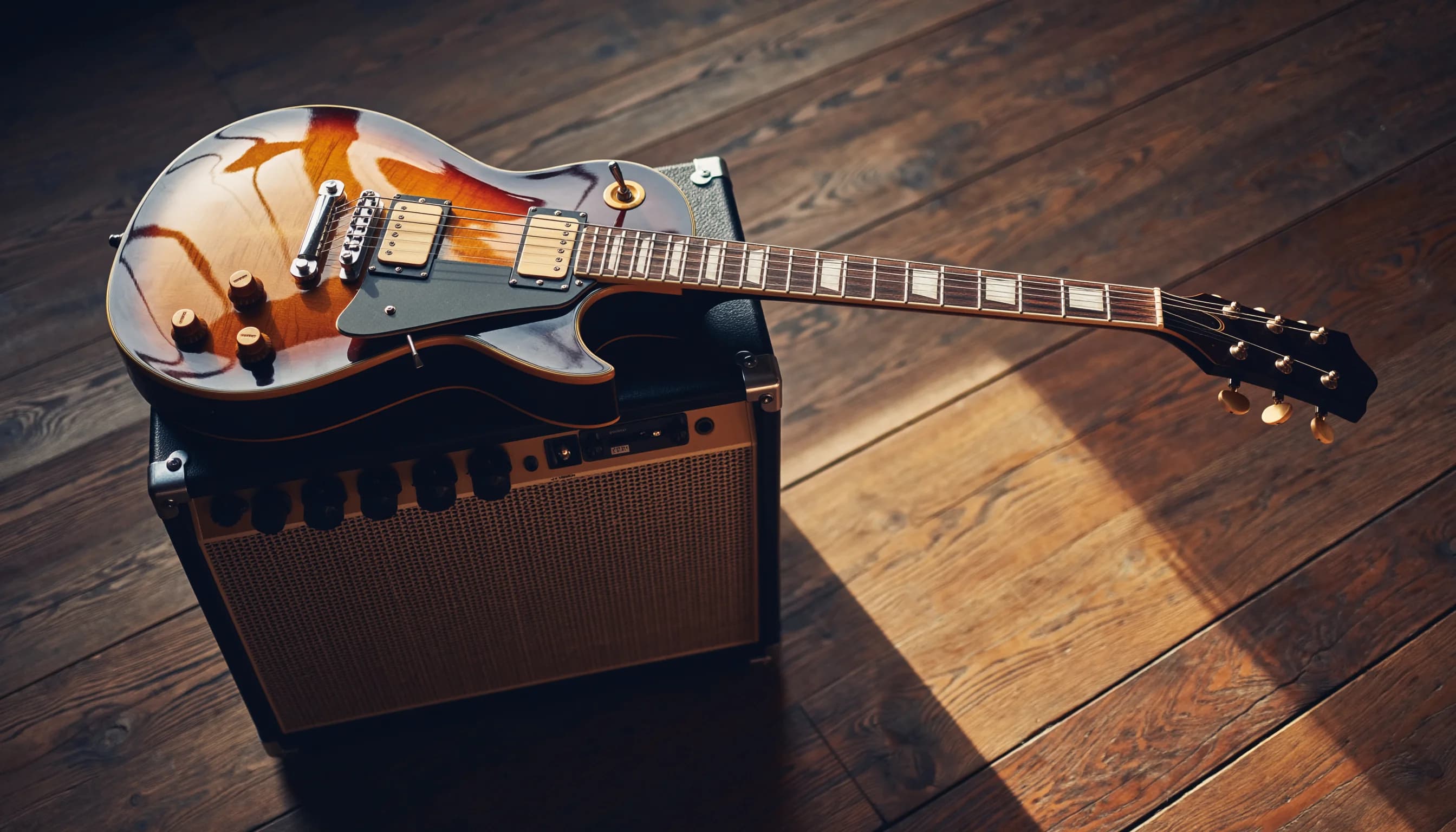 Electric guitar with two pickups sitting on top of an amplifier