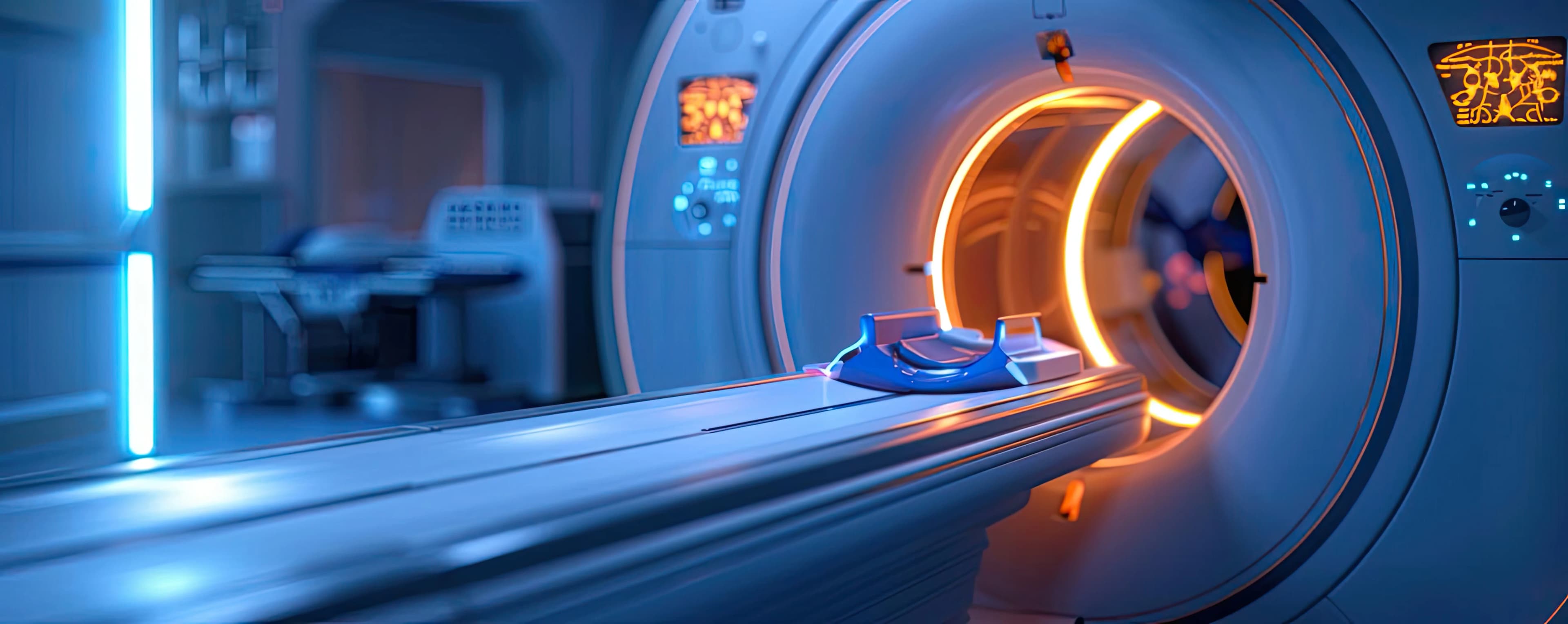 MRI machine lit up and ready to be used